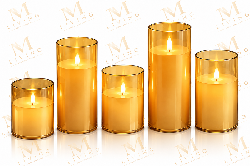 Set of five LED pillar candles in amber sleeves