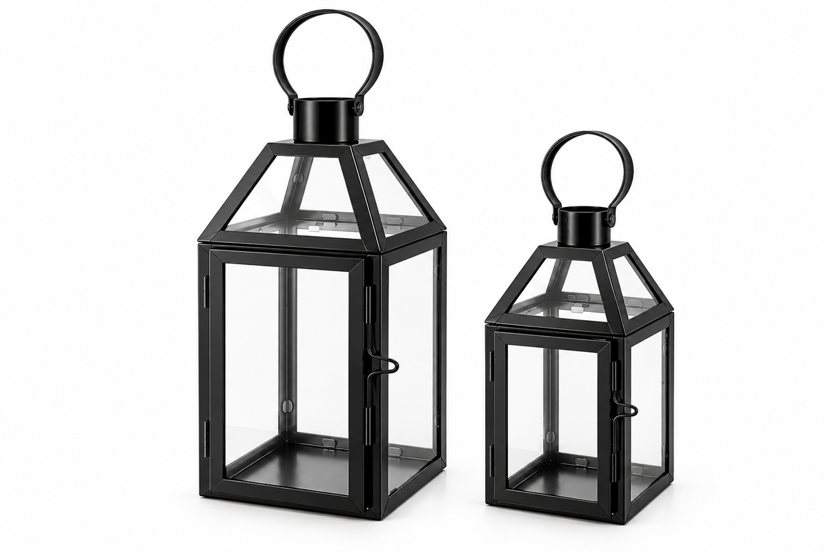 Modern Glass Lanterns with Ring Handle, Set of 2