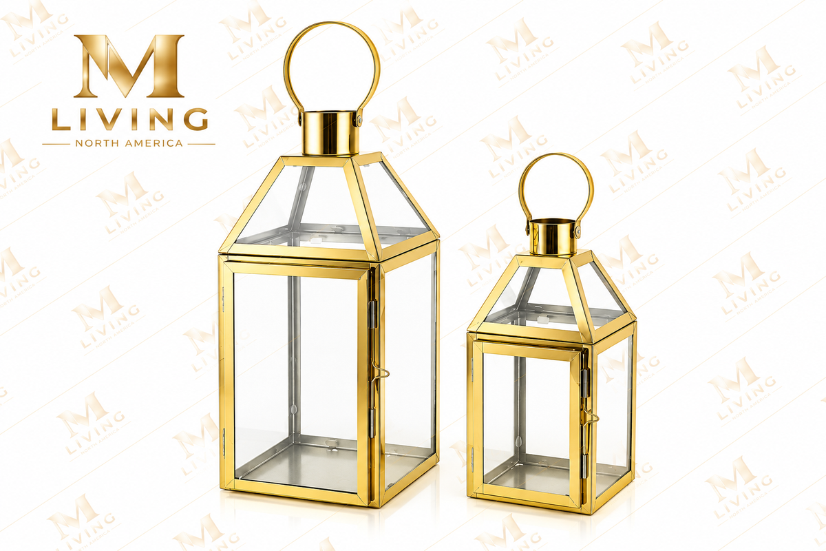 Modern Glass Lanterns with Ring Handle, Set of 2