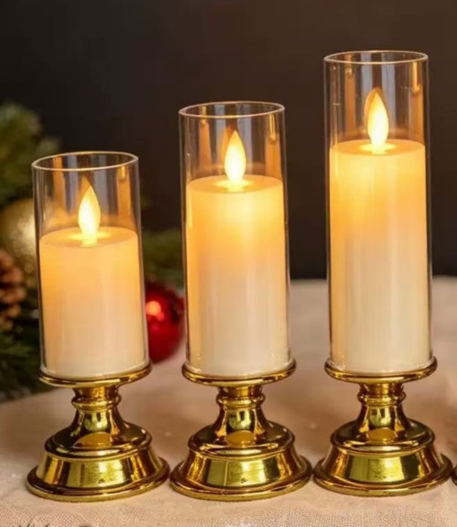 Gold Pedestal LED Pillar Candle in Clear Sleeve