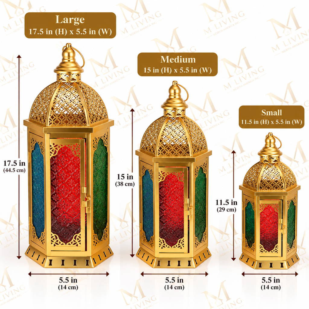 Gold Moroccan Cutwork Lanterns with Coloured Glass, Set of 3