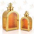 Gold Arch Lanterns with Amber Glass, Set of 2