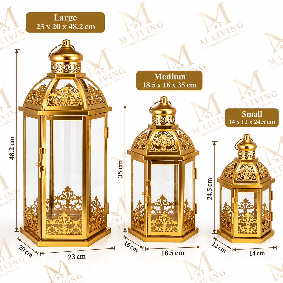 Gold Filigree Glass Lanterns, Set of 3