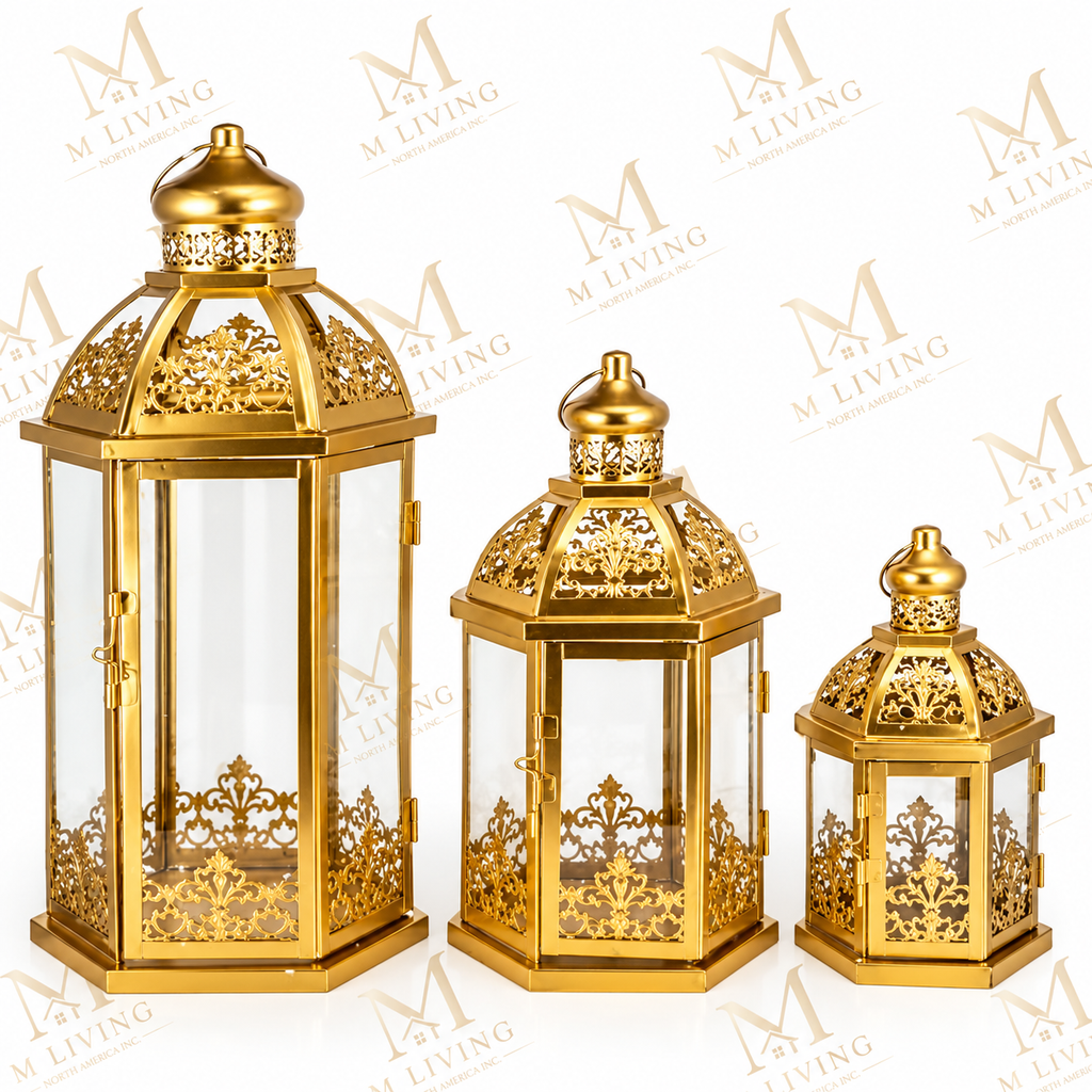Gold Filigree Glass Lanterns, Set of 3