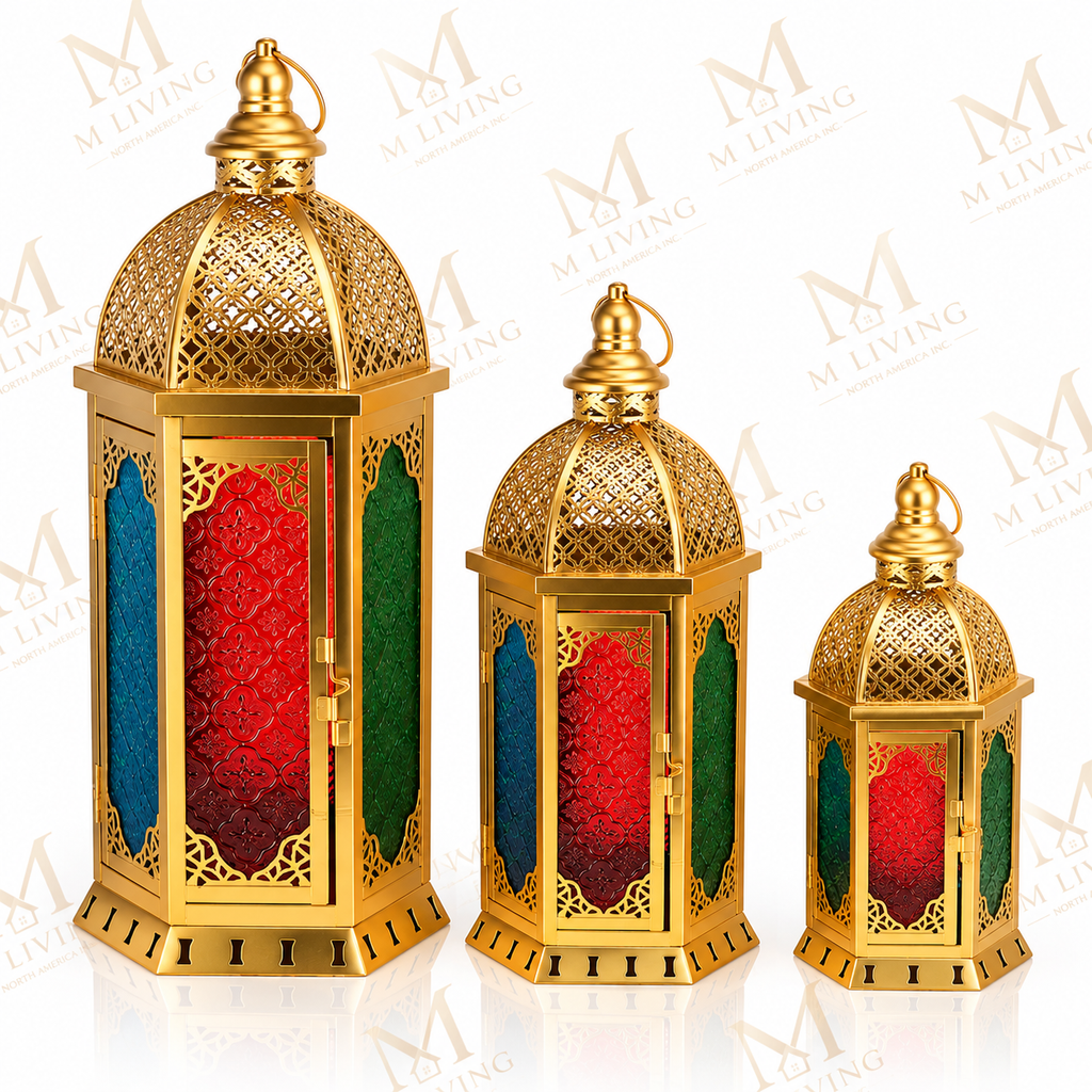 Gold Moroccan Cutwork Lanterns with Coloured Glass, Set of 3