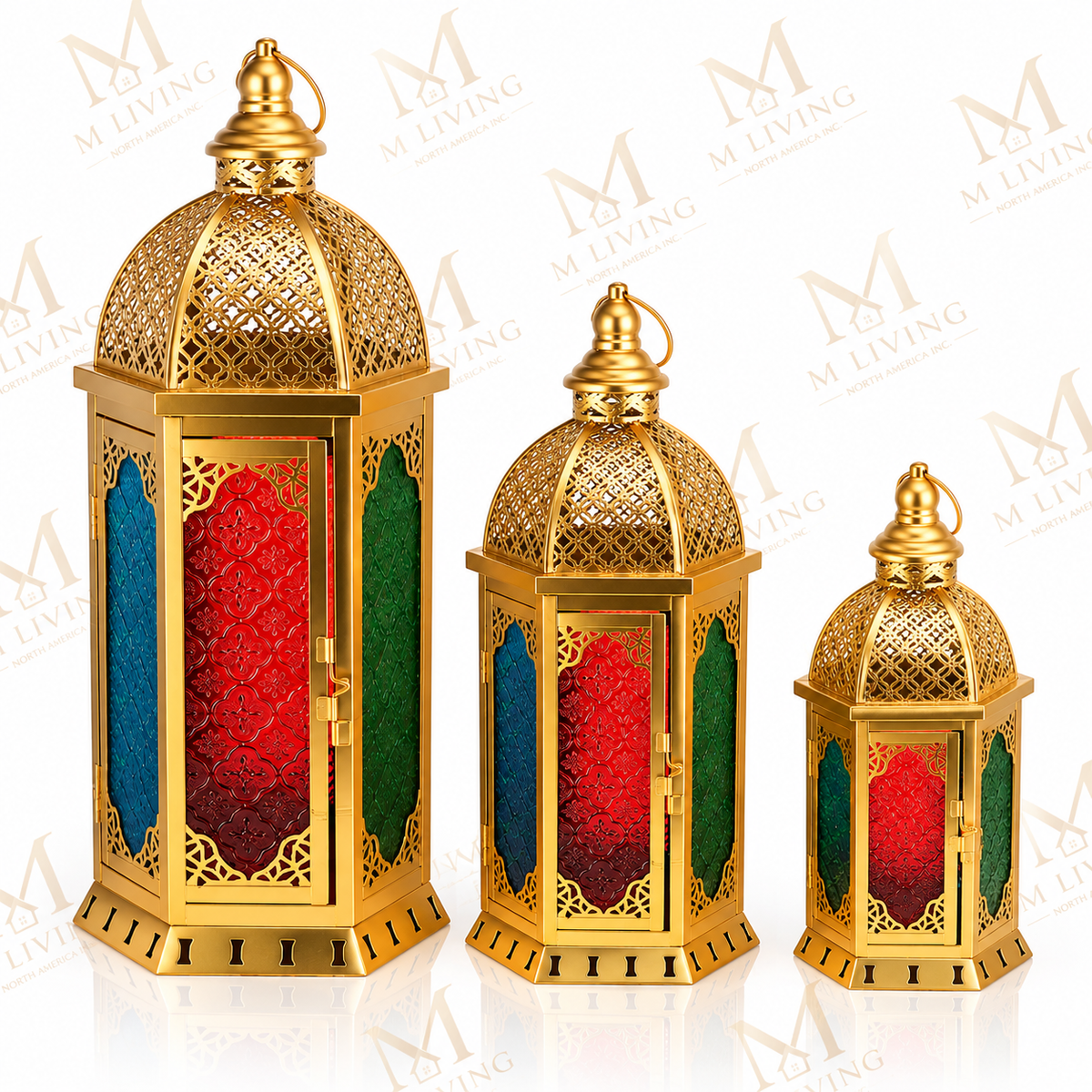 Gold Moroccan Cutwork Lanterns with Coloured Glass, Set of 3