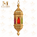 Hanging Gold Moroccan Cutwork Lanterns with Coloured Glass, Set of 2