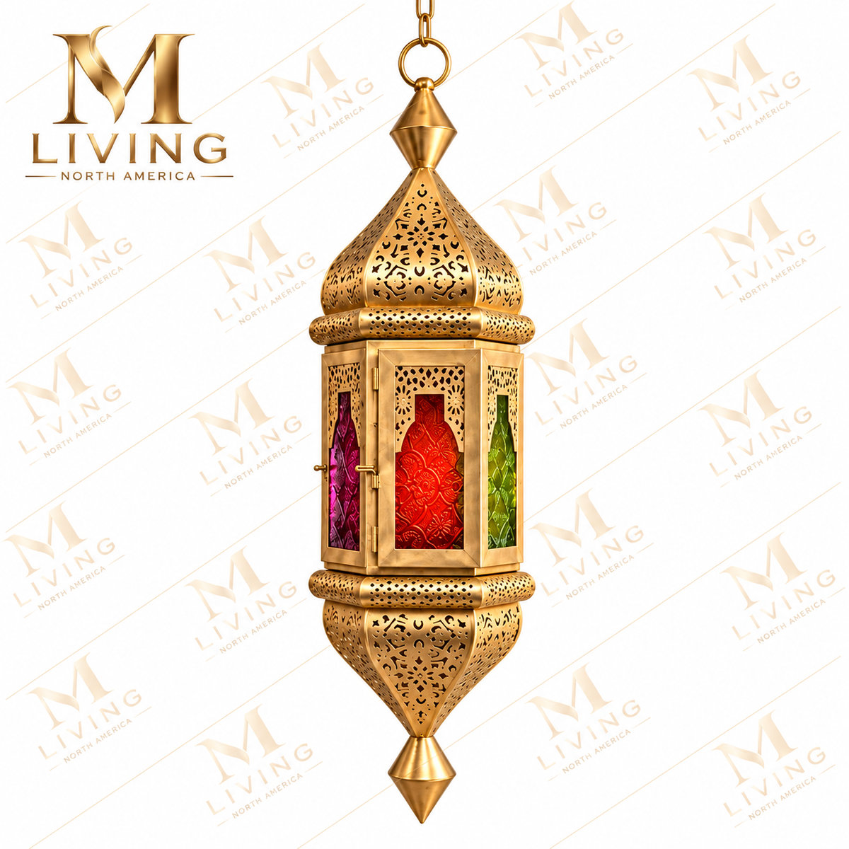 Hanging Gold Moroccan Cutwork Lanterns with Coloured Glass, Set of 2