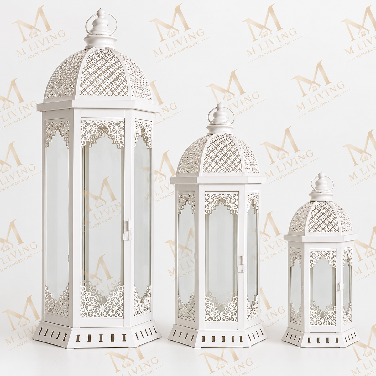 White Moroccan Glass Lanterns, Set of 3